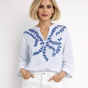 Maliparmi 100% Linen Blouse V-Neck Tunic Floral Top Sequin Resort NEW Size Small